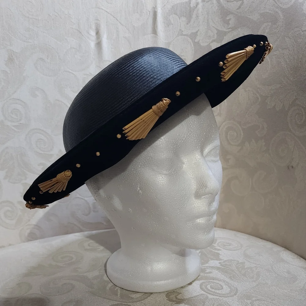 Stephen Anne Custom Black Velvet Straw Hat Wide Brim Gold Tassel Trim